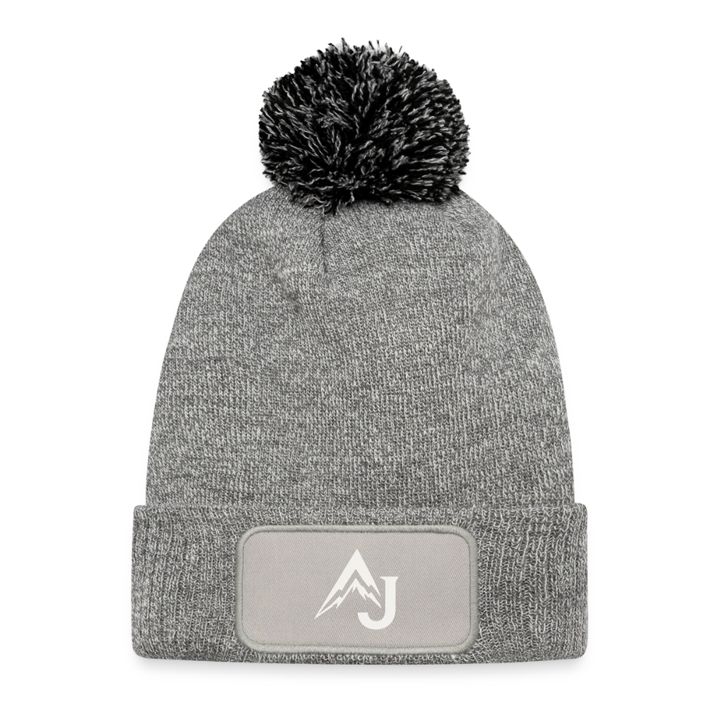 Knitted Patch Beanie with Pompom - heather grey