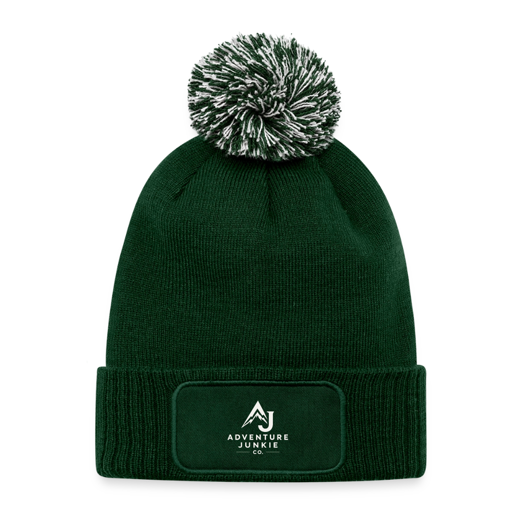 Knitted Patch Beanie with Pompom - green