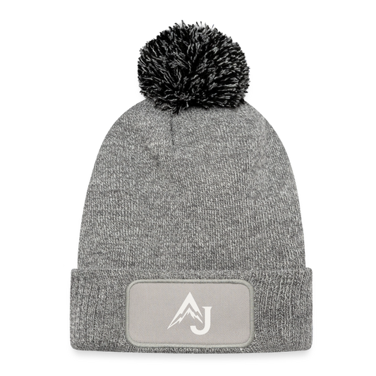 Knitted Patch Beanie with Pompom - heather grey