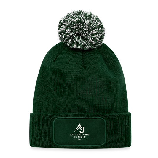 Knitted Patch Beanie with Pompom - green